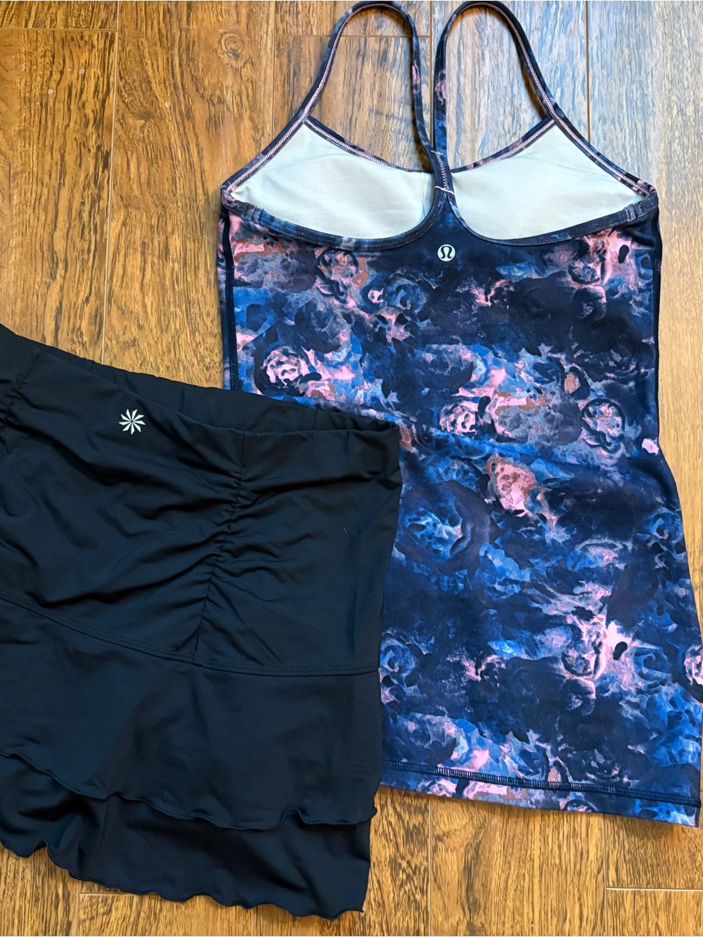 Lululemon Tank Black & Blue-Pink Marble Tank and  Athleta Skirt